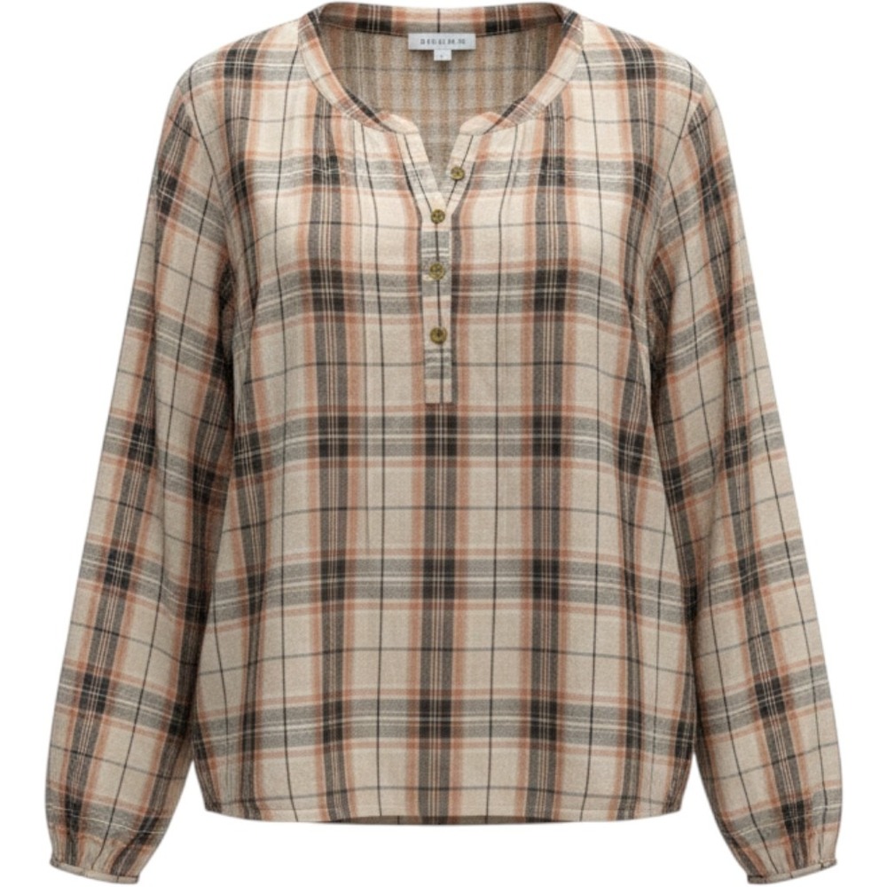 Grace Karma Plaid Cotton Gauze Henley Blouse Top Brown Tan 1X